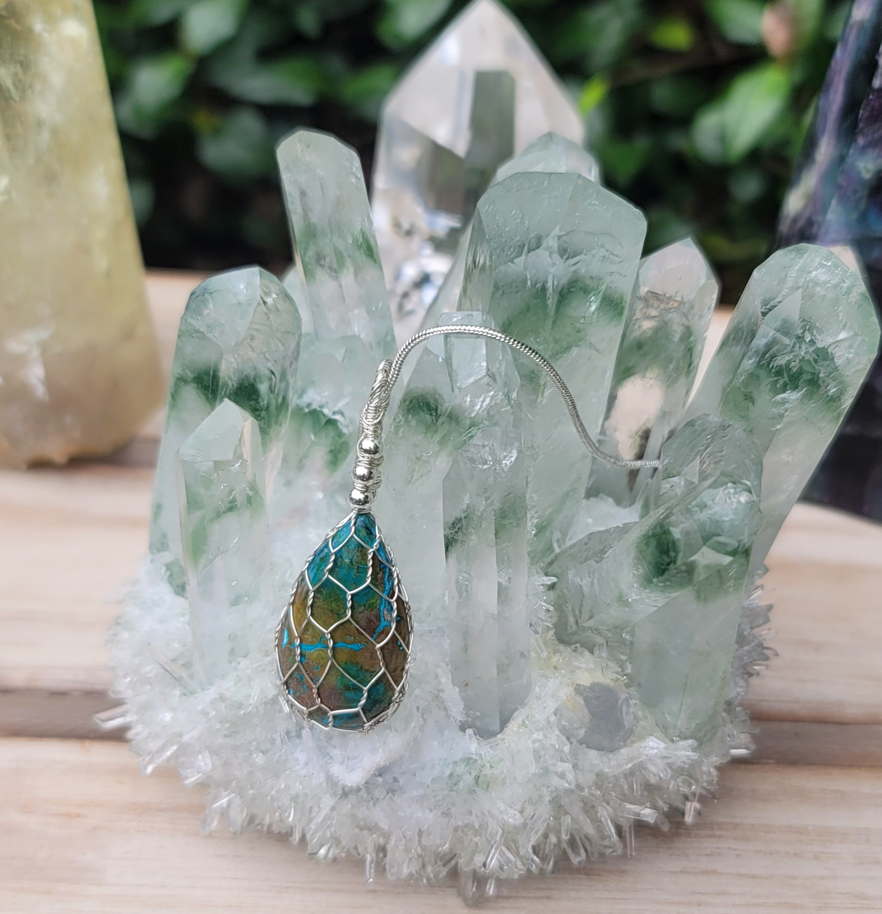 Genuine Stone Wire Wrapped Parrot Wing Chrysocolla Pendant with 20in Sterling Silver Chain