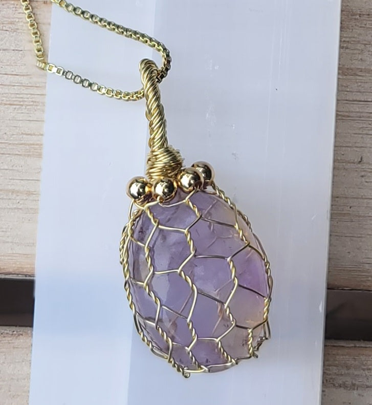 Genuine Ametrine Cage Wrapped Pendant with 20in 14k Gold Plated Chain