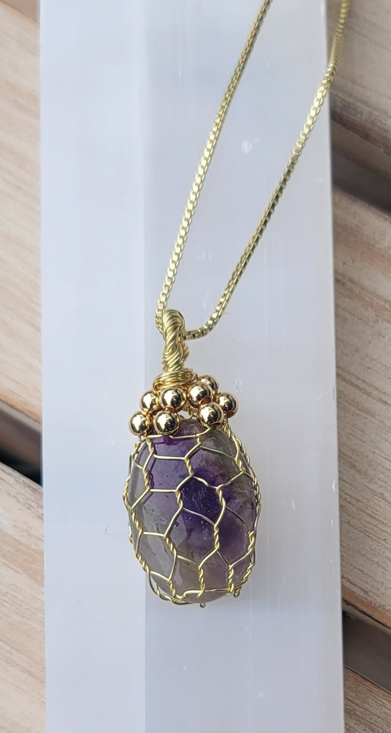 Genuine Ametrine Cage Wrapped Pendant with 20in 14k Gold Plated Chain