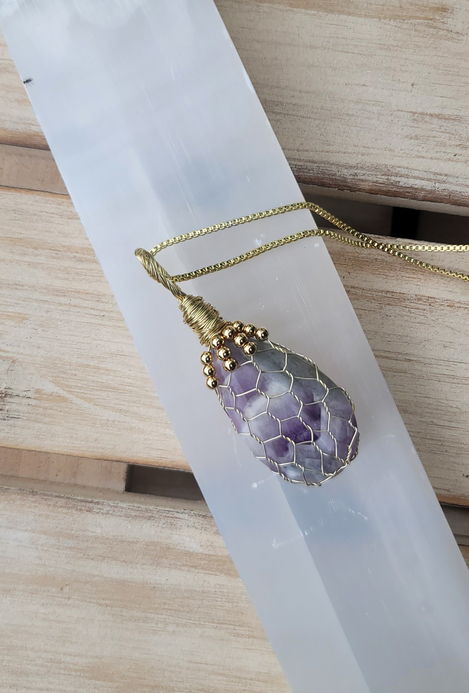 Genuine Stone Banded Amethyst Teardrop Wire Wrapped Pendant with 20in 14k Gold Plated Chain