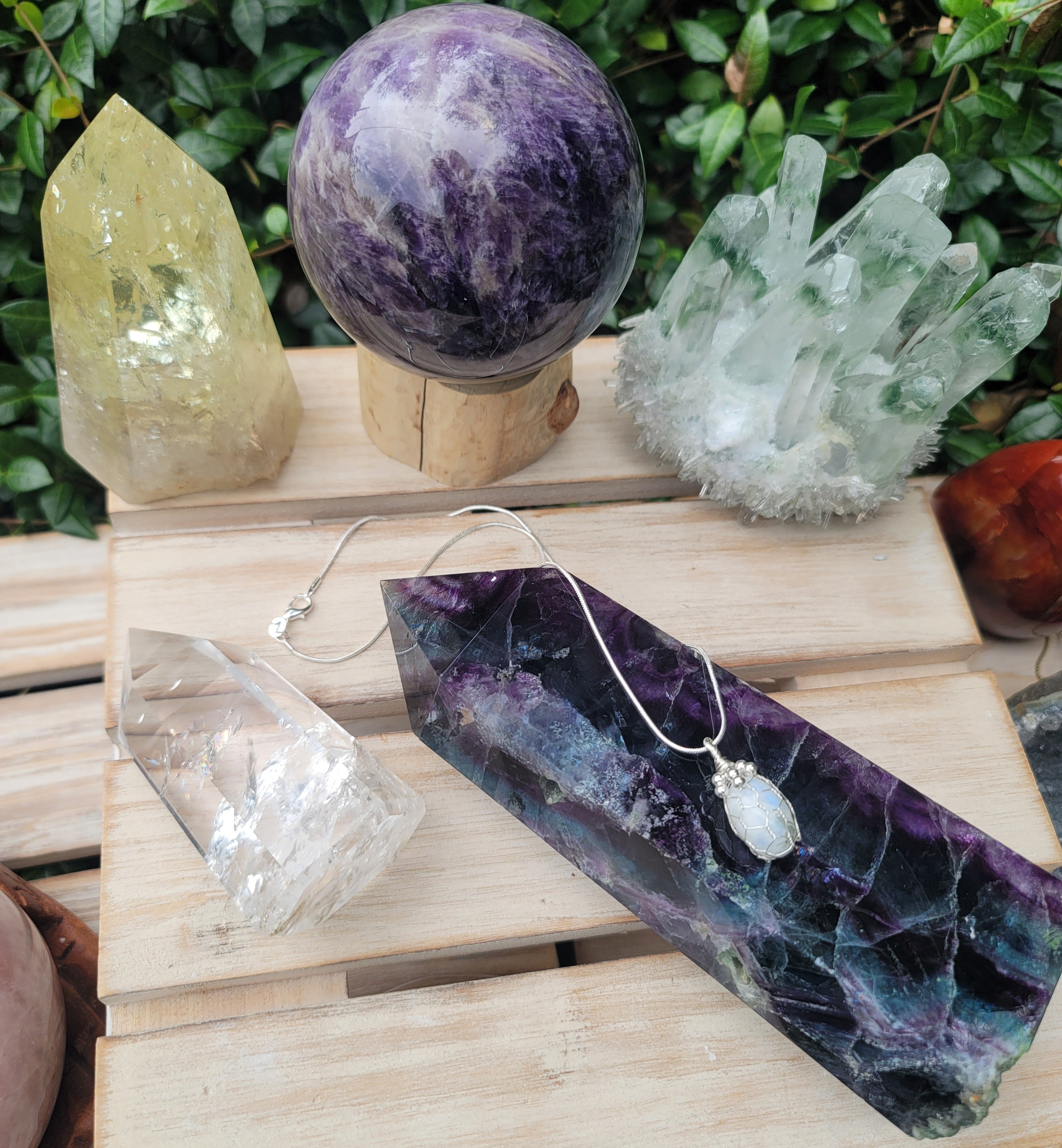 Genuine Stone Wire Wrapped Rainbow Moonstone Pendant with 18in Sterling Silver Chain