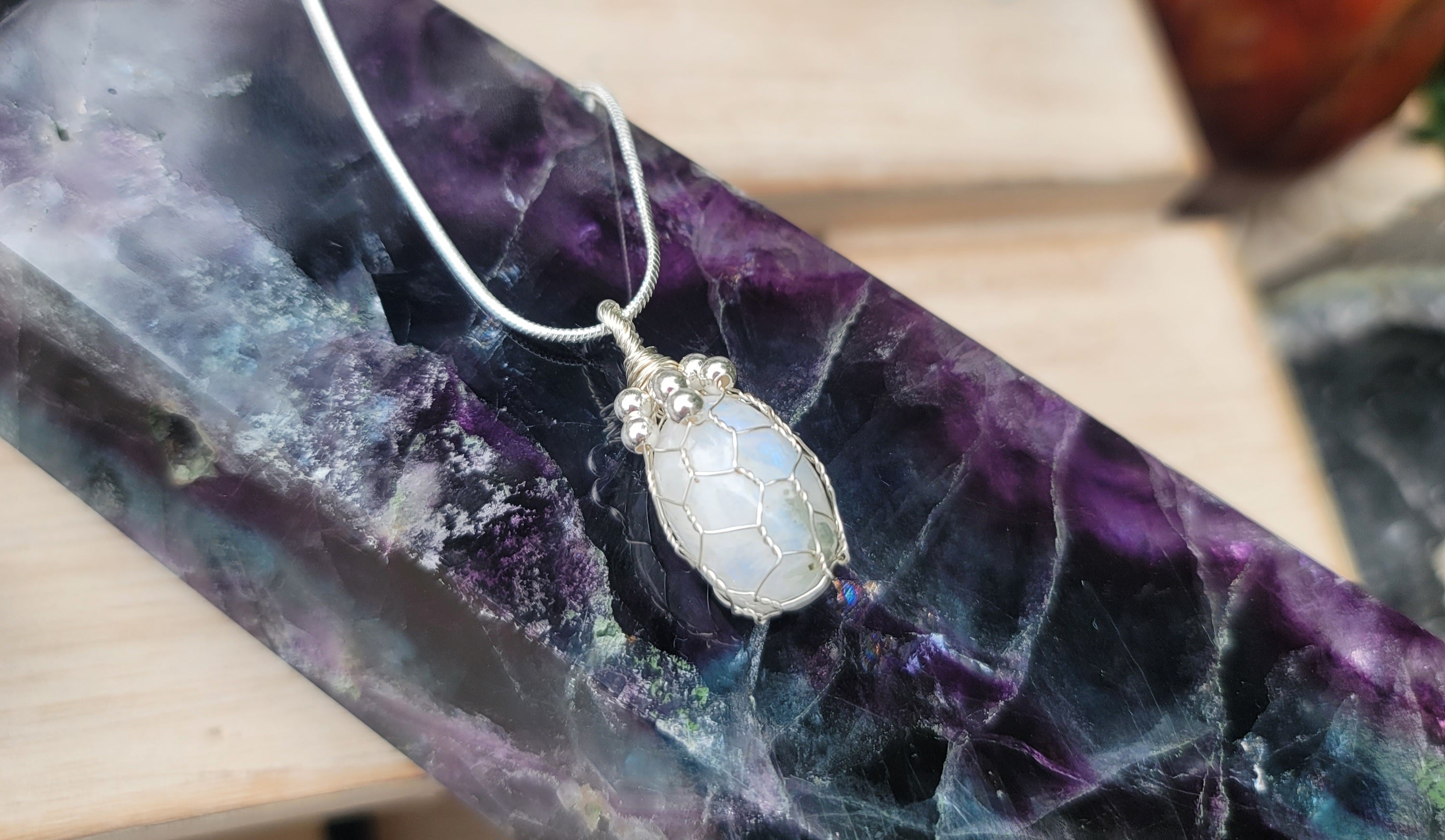 Genuine Stone Wire Wrapped Rainbow Moonstone Pendant with 18in Sterling Silver Chain