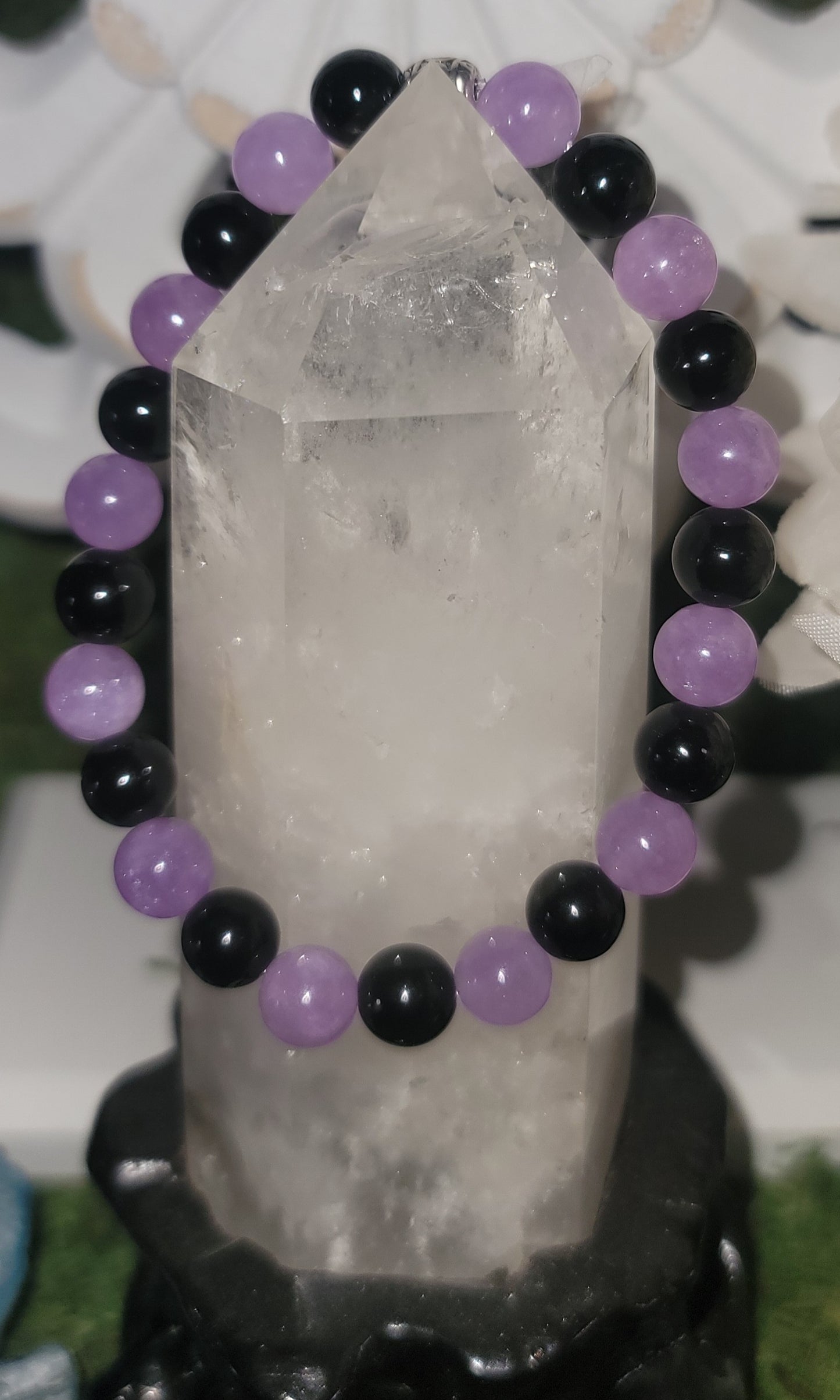 Genuine Lavender Amethyst and Black Obsidian Bracelet