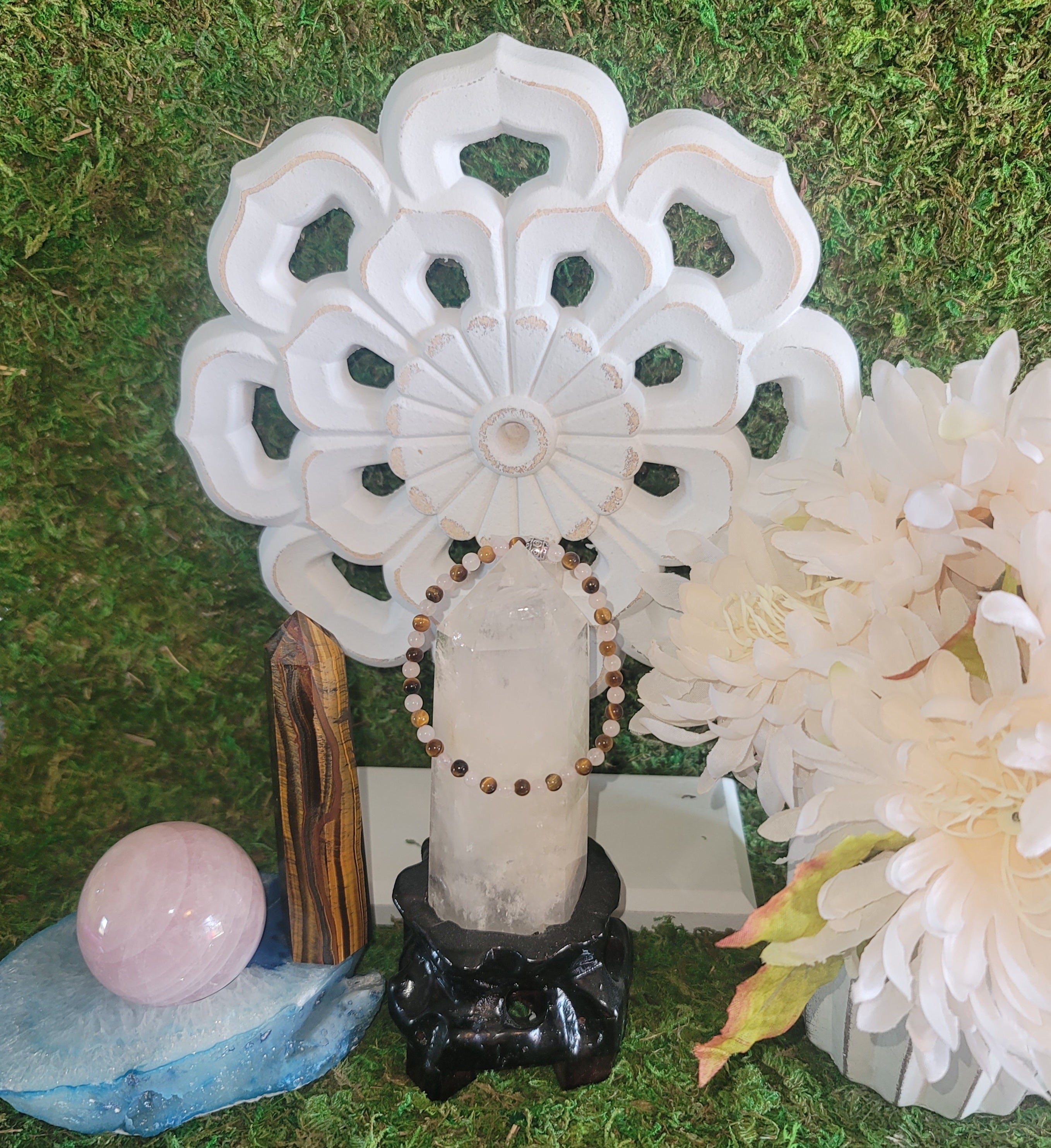 Genuine Stone Tiger Eye and Rose Quartz Bracelet