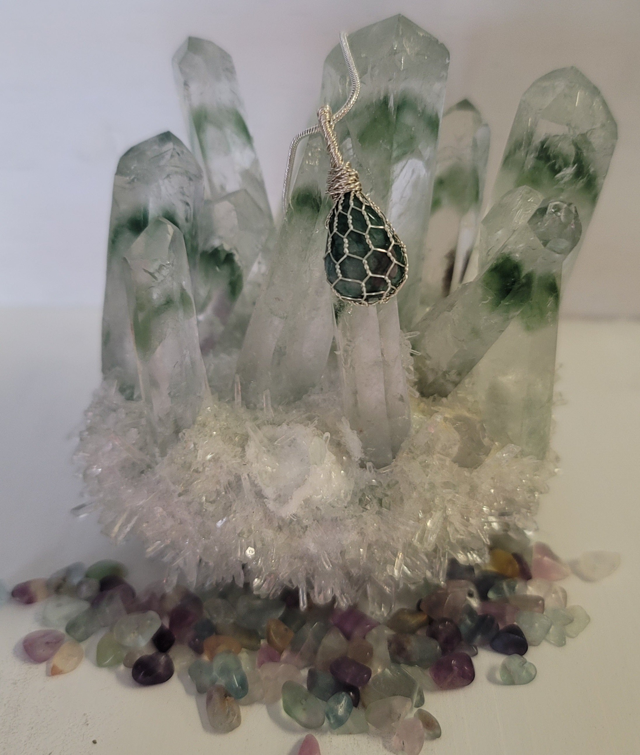 Genuine Stone Polished Raw Emerald Teardrop Shape Wire Wrapped Pendant and 18in Sterling Silver Chain