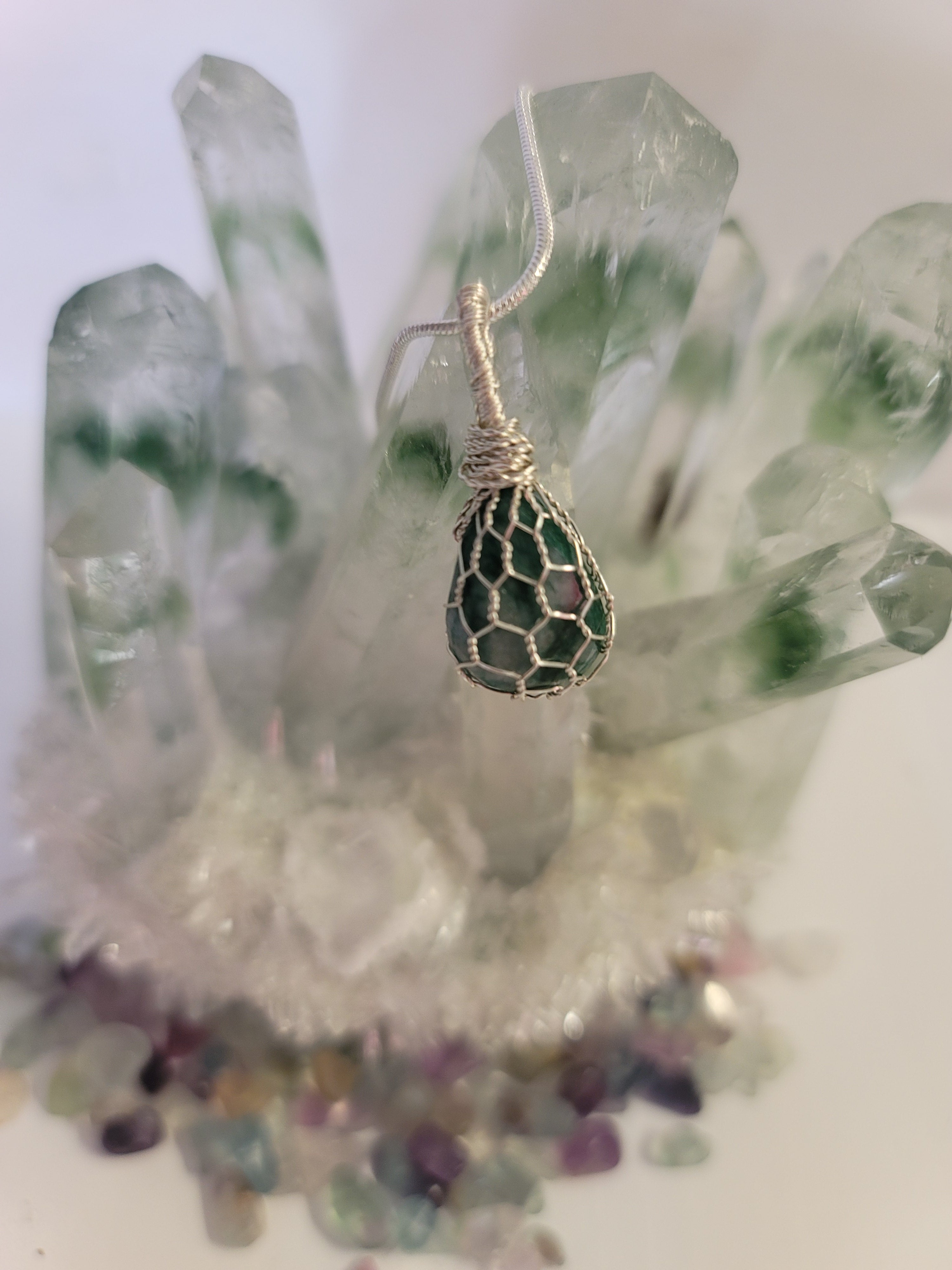 Genuine Stone Polished Raw Emerald Teardrop Shape Wire Wrapped Pendant and 18in Sterling Silver Chain