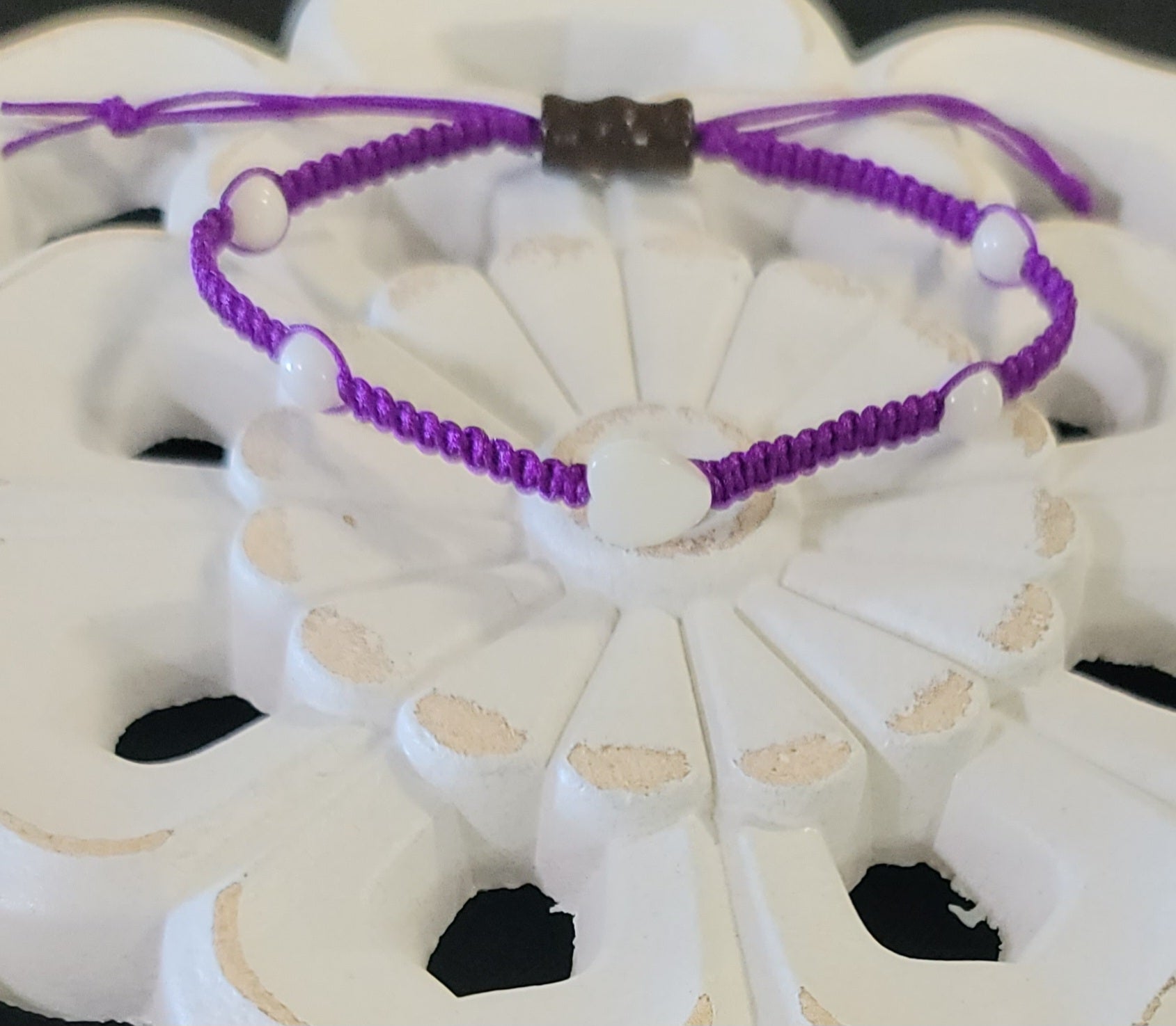 Purple Adjustable Corded Anklet with Moonstone Beads and Shell Heart