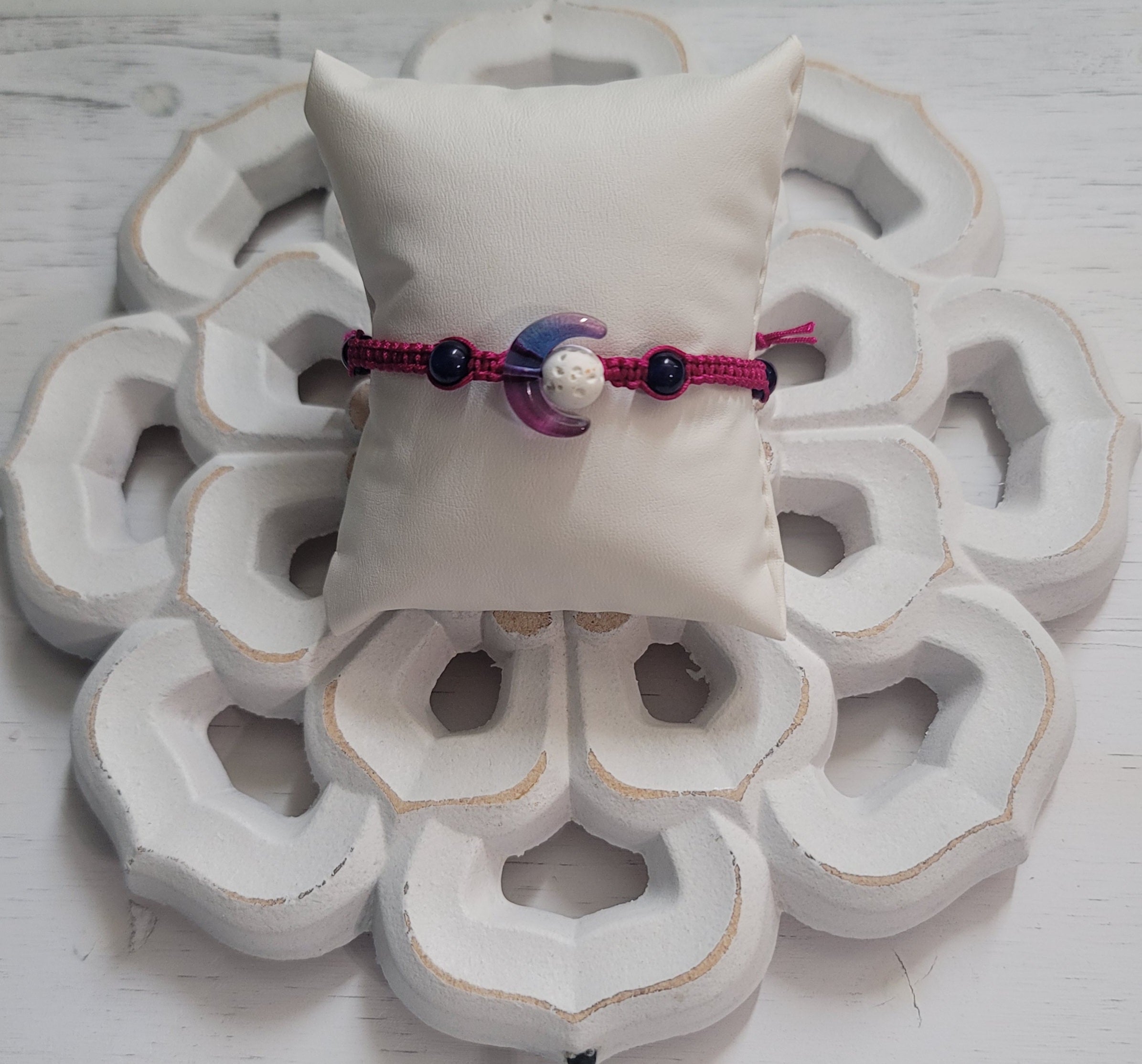 Moon and Lava Bead Corded Adjustable Bracelet with Genuine Blue Jade Beading