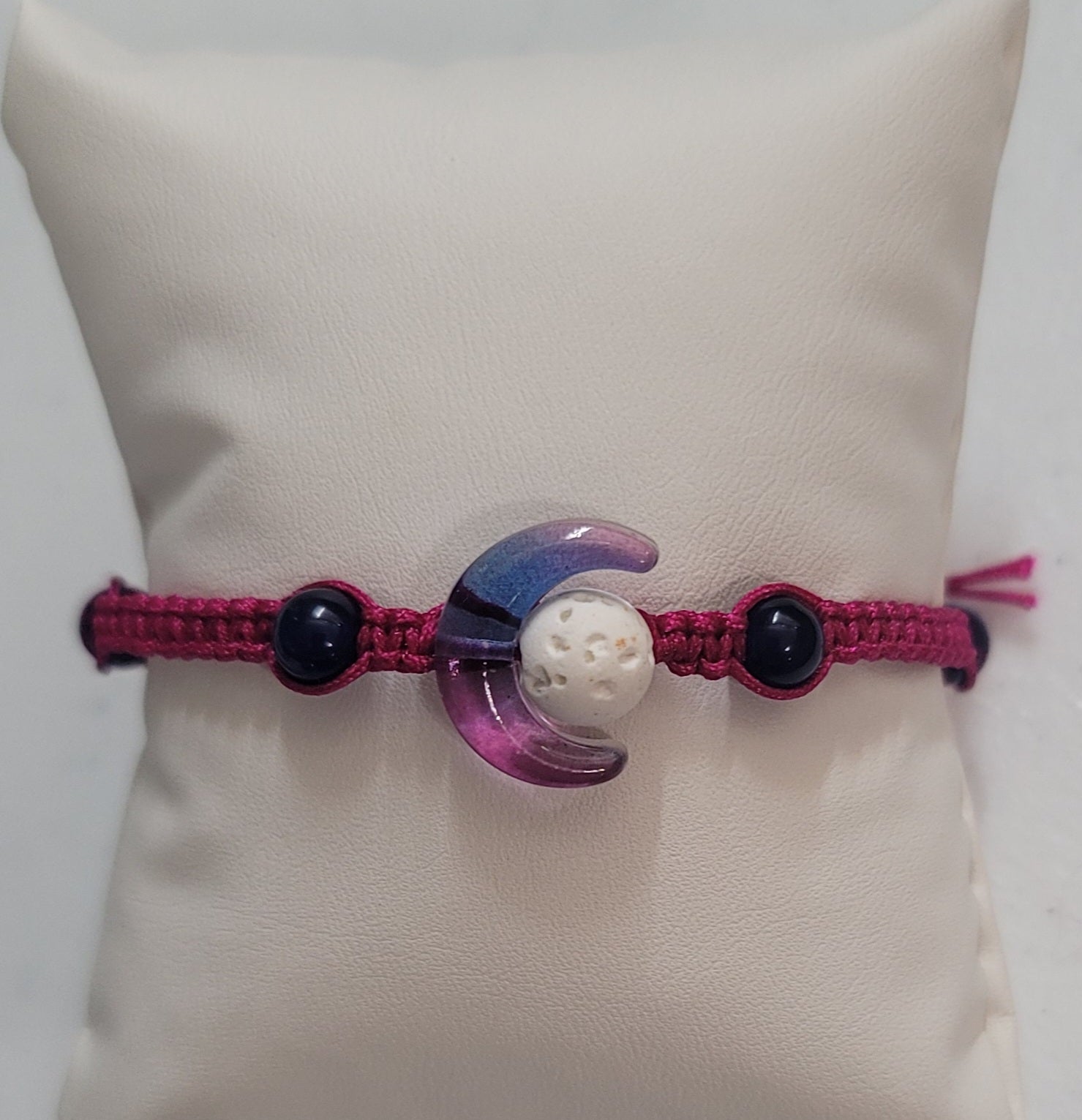 Moon and Lava Bead Corded Adjustable Bracelet with Genuine Blue Jade Beading