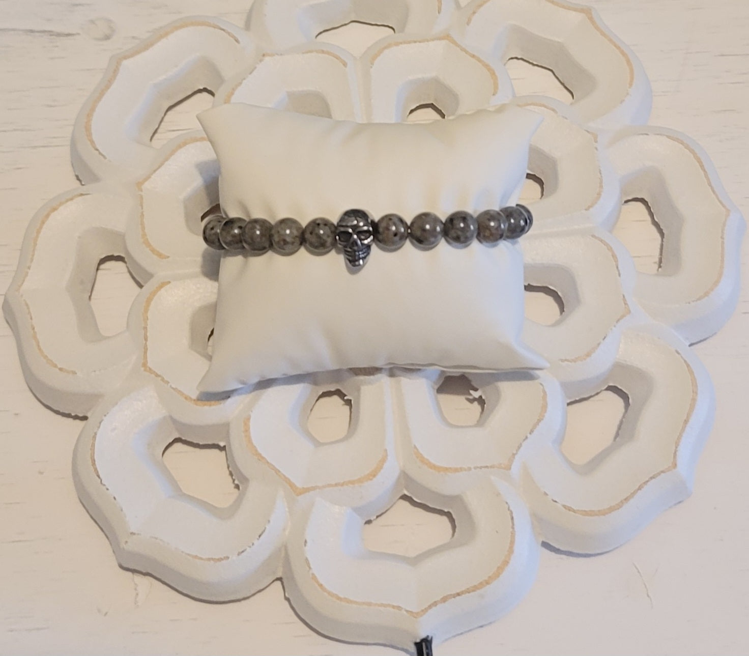 Genuine Stone Yooperlite with Metal Skull Bracelet