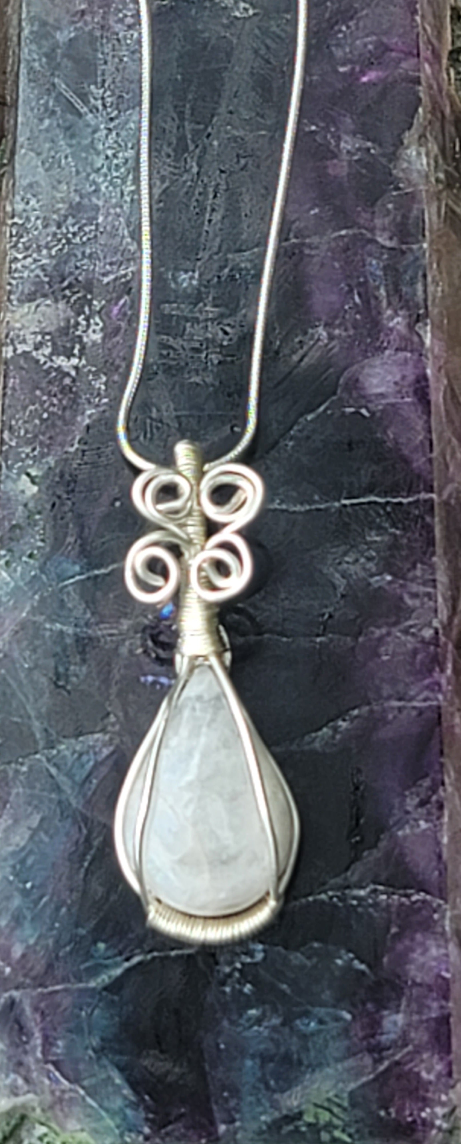 Genuine Stone Wire Wrapped Rainbow Moonstone Teardrop Shaped Pendant with a 20in Sterling Silver Chain