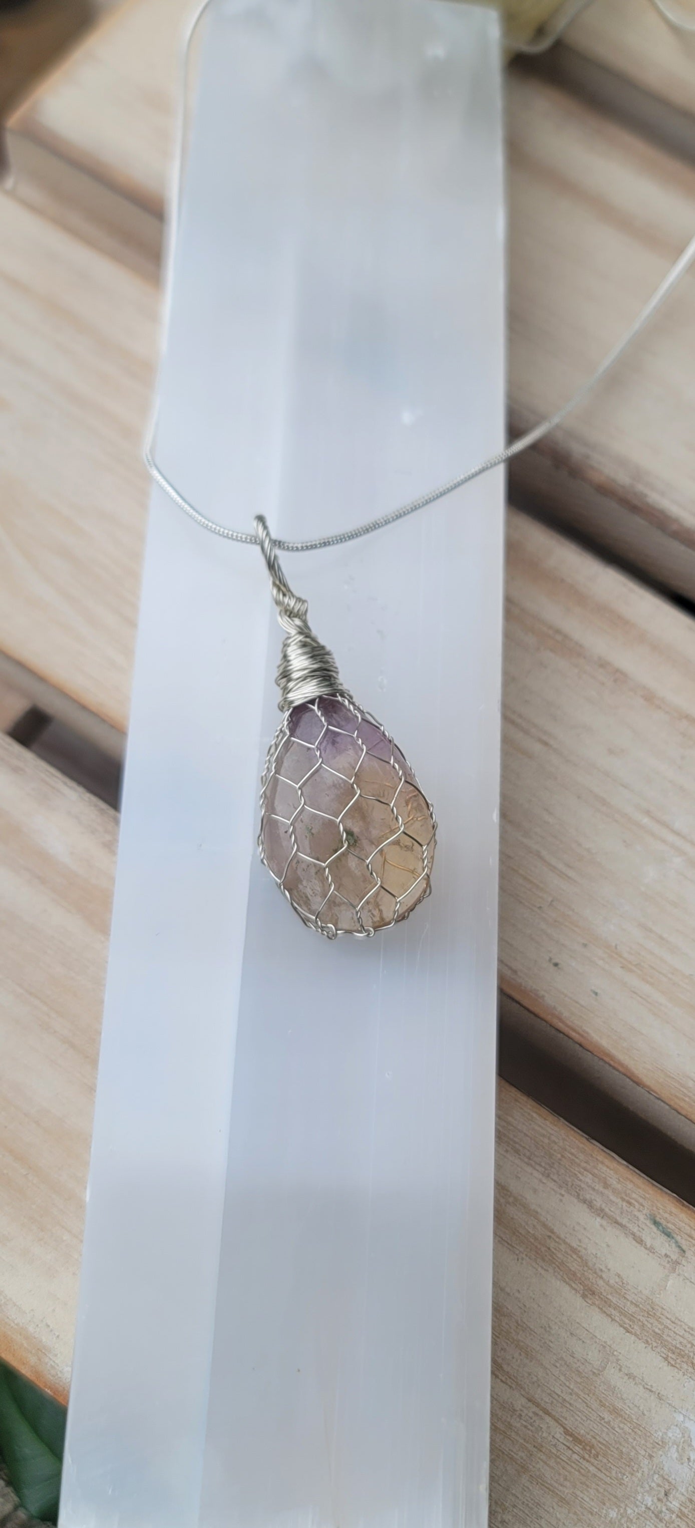 Genuine Stone Wire Wrapped Ametrine Teardrop Shape Pendant with 20in Sterling Silver Chain