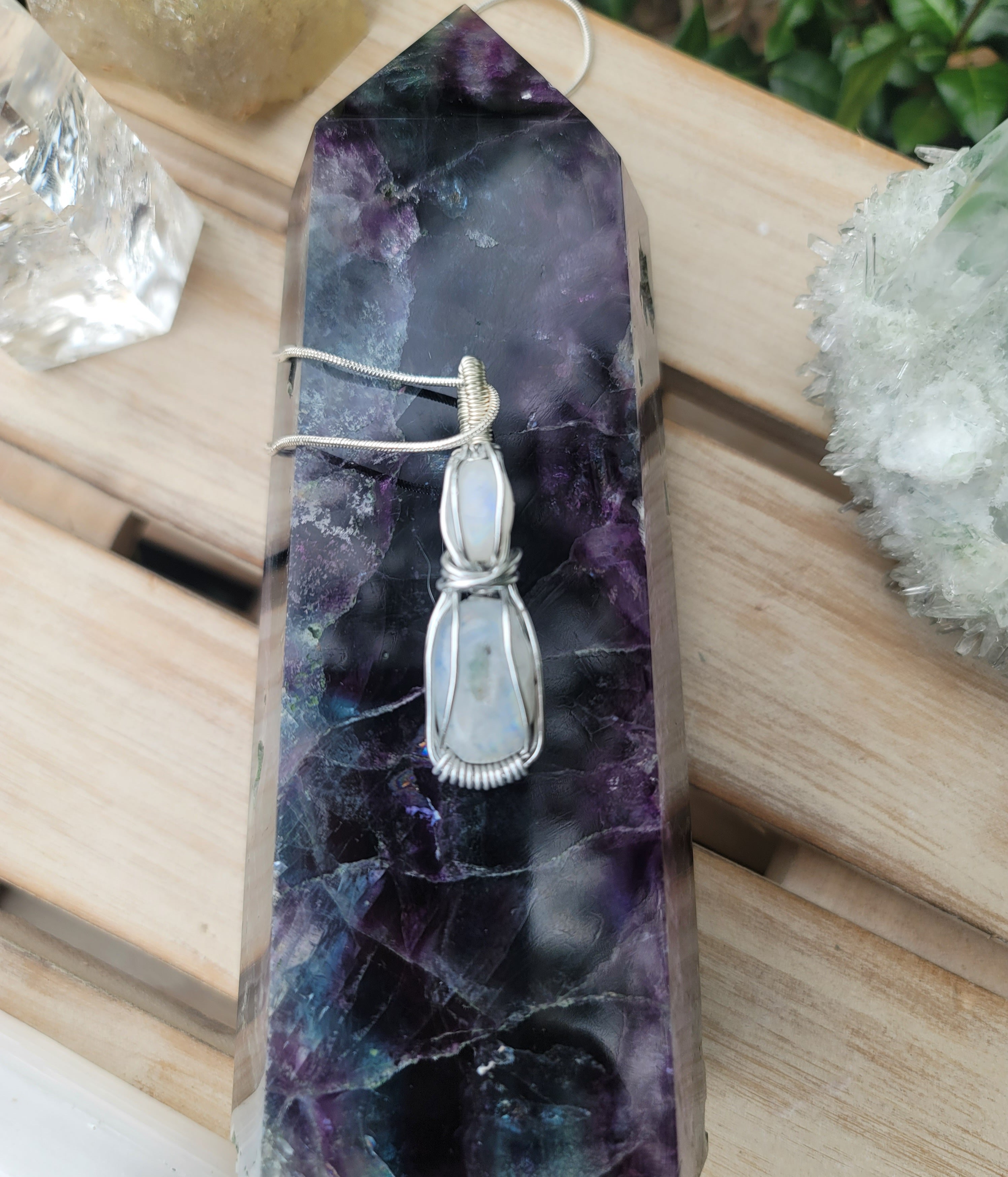 Genuine Stone Wire Wrapped  Rainbow Moonstone Double Pendant with 20in Sterling Silver Chain