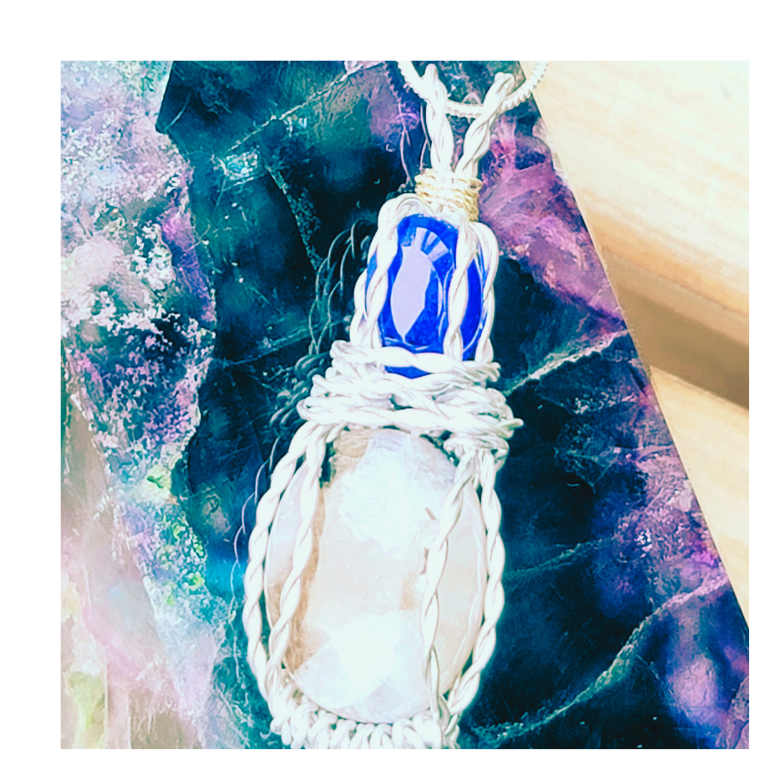 Genuine Stone Wire Wrapped Sapphire and Rainbow Moonstone Double Pendant with 20in Sterling Silver Chain