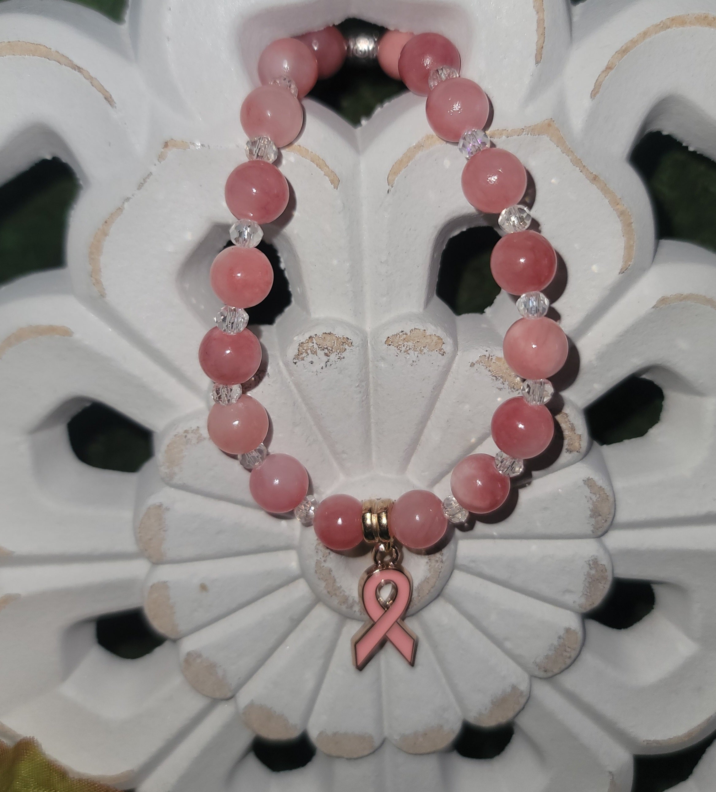 Genuine Stone Pink Jade Breast Cancer Awareness Bracelet with Acrylic Clear Spacer Beads