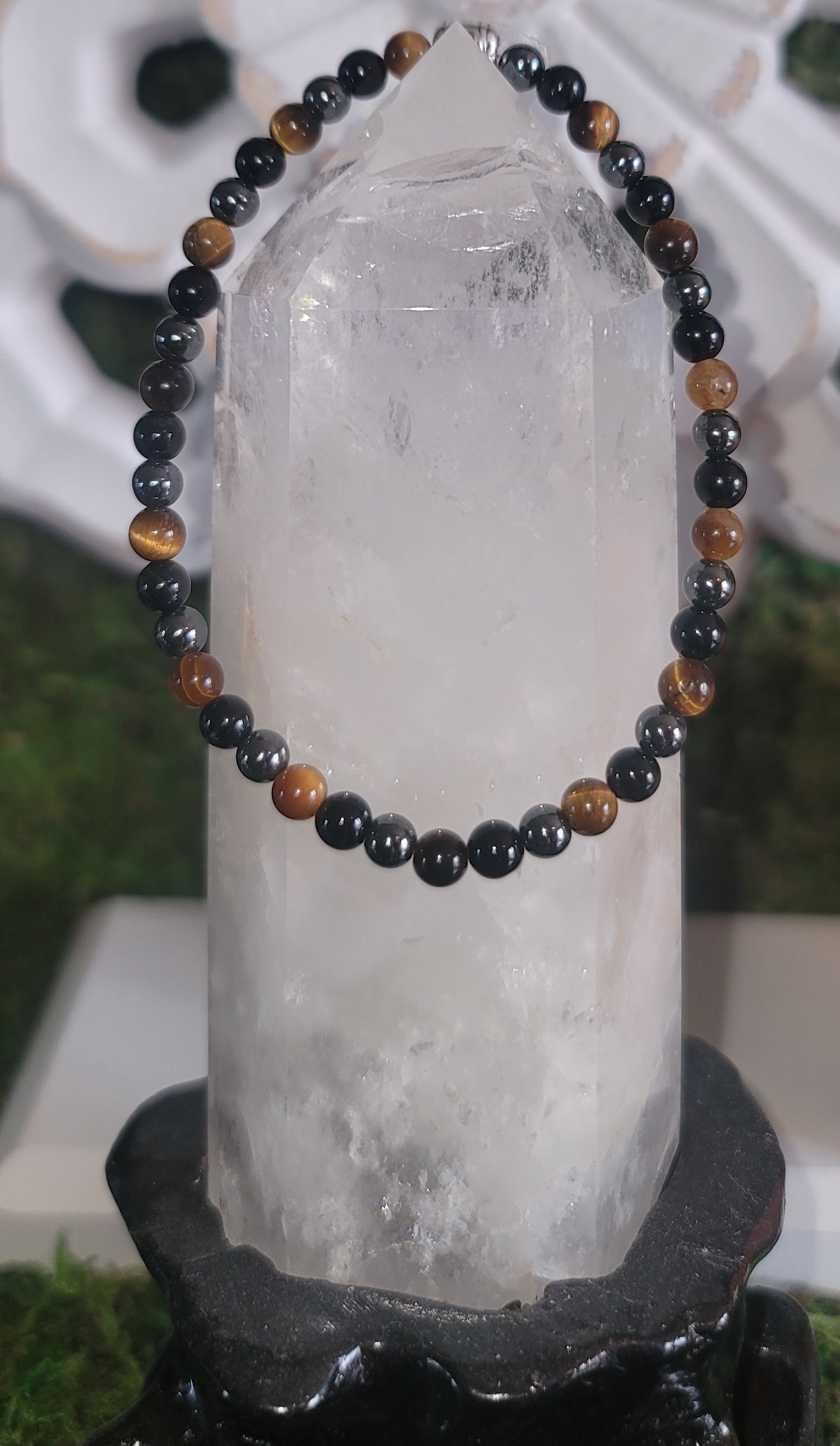 Genuine Stone Triple Protection Hematite, Tiger Eye and Black Obsidian Bracelet