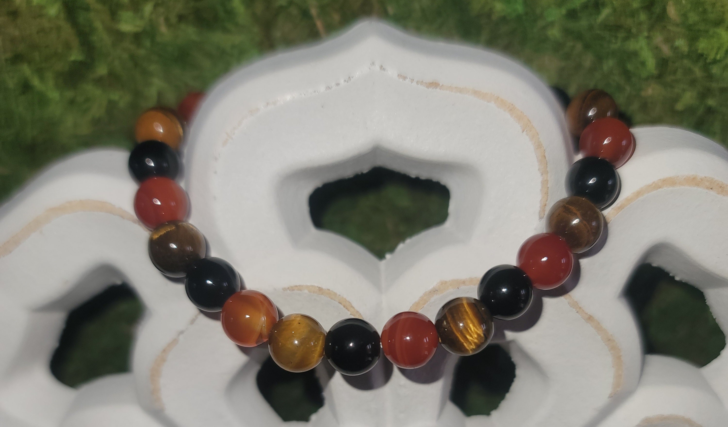 Genuine Stone Tiger Eye, Carnelian, and Black Obsidian Bracelet