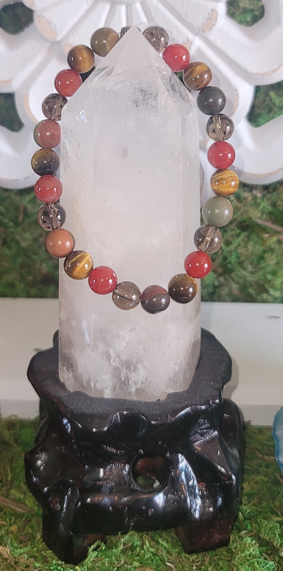 Genuine Stone Carnelian, Picasso Jasper, and Smoky Quartz Bracelet