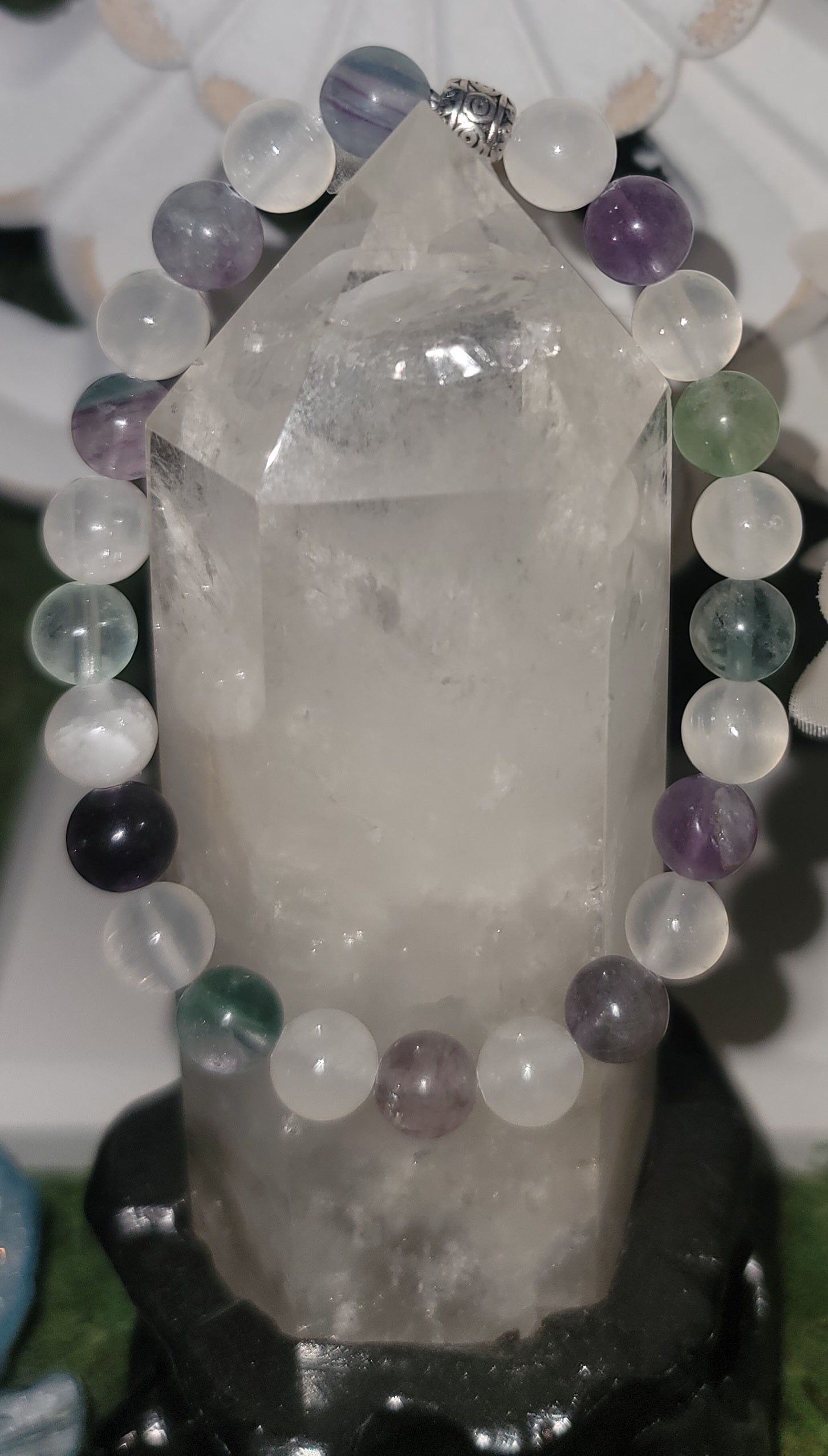 Genuine Stone Selenite and Rainbow Fluorite Bracelet