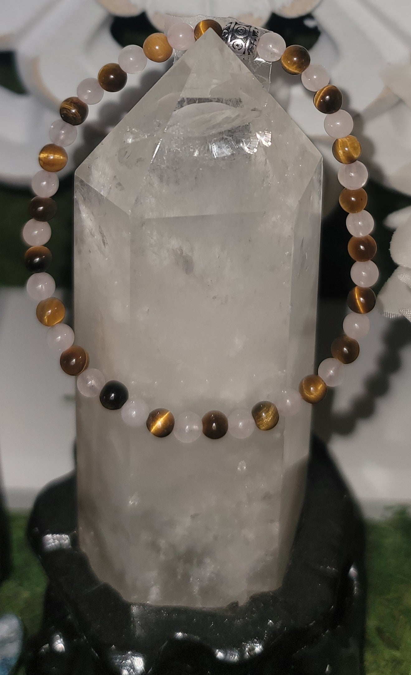 Genuine Stone Tiger Eye and Rose Quartz Bracelet