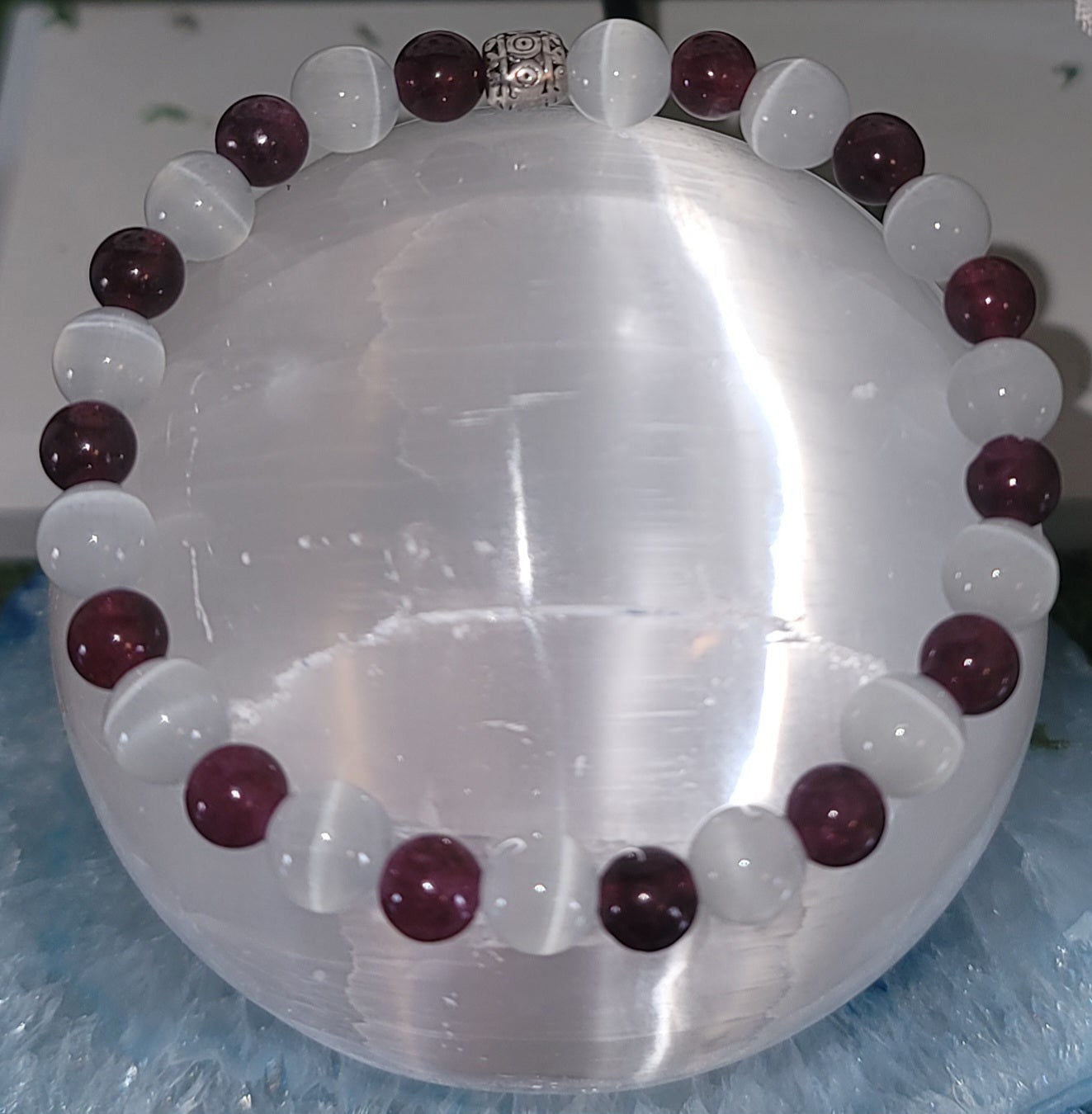 Genuine Stone Garnet and Selenite Bracelet