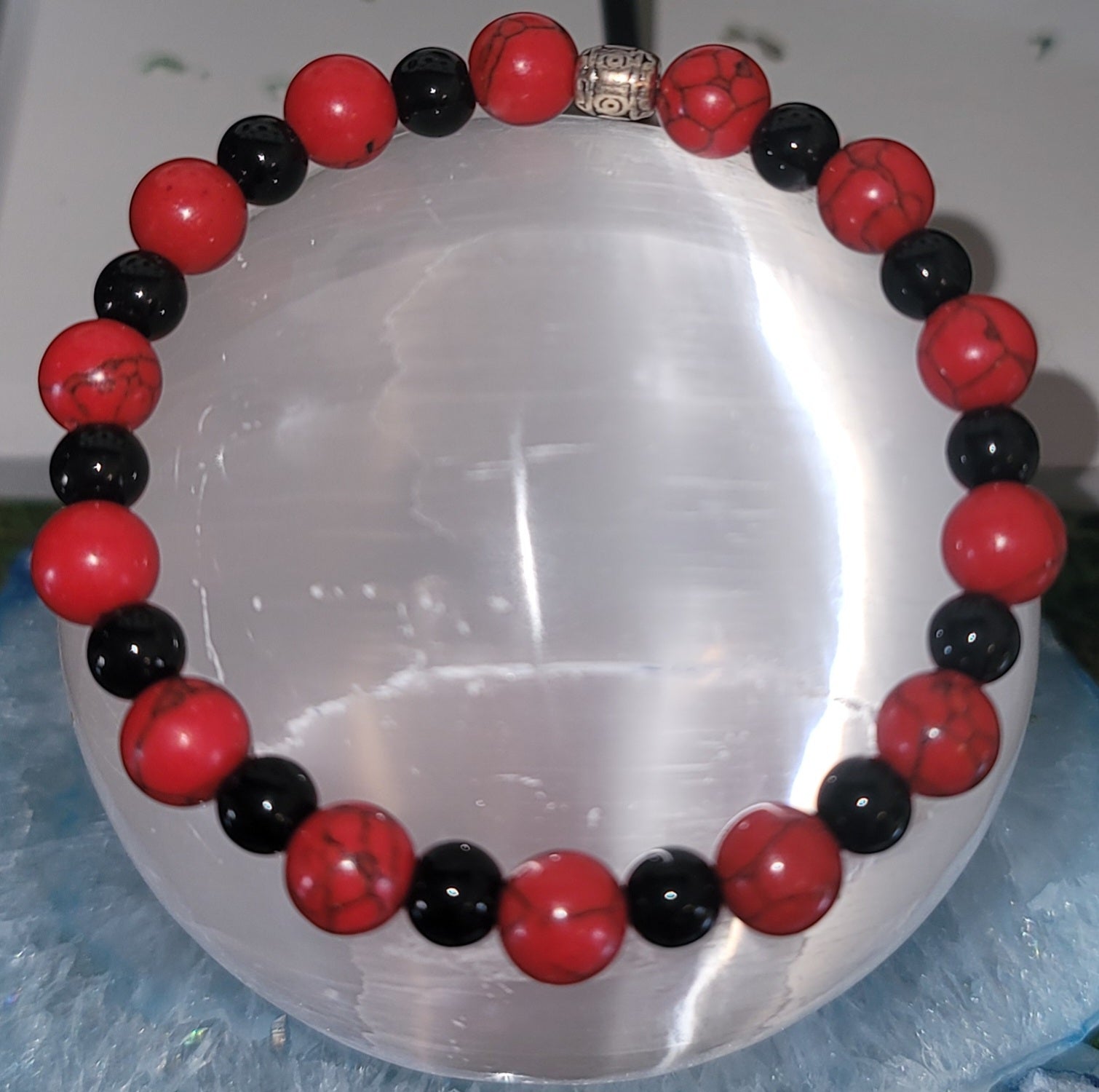 Genuine Stone Red Turquoise and Black Obsidian Bracelet