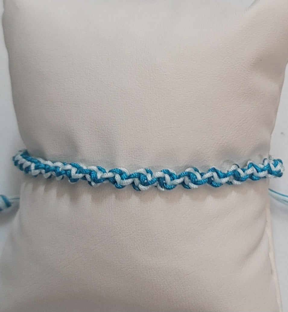 Teal and White Spiral Pattern Corded Adjustable Bracelet