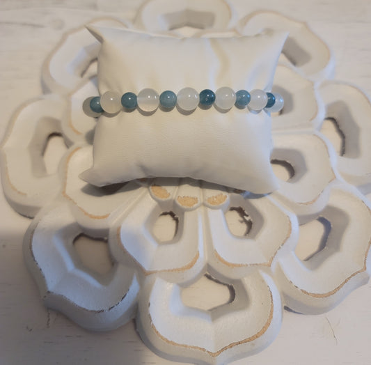 Genuine Stone 6mm Aquamarine, 8mm Selenite Bracelet