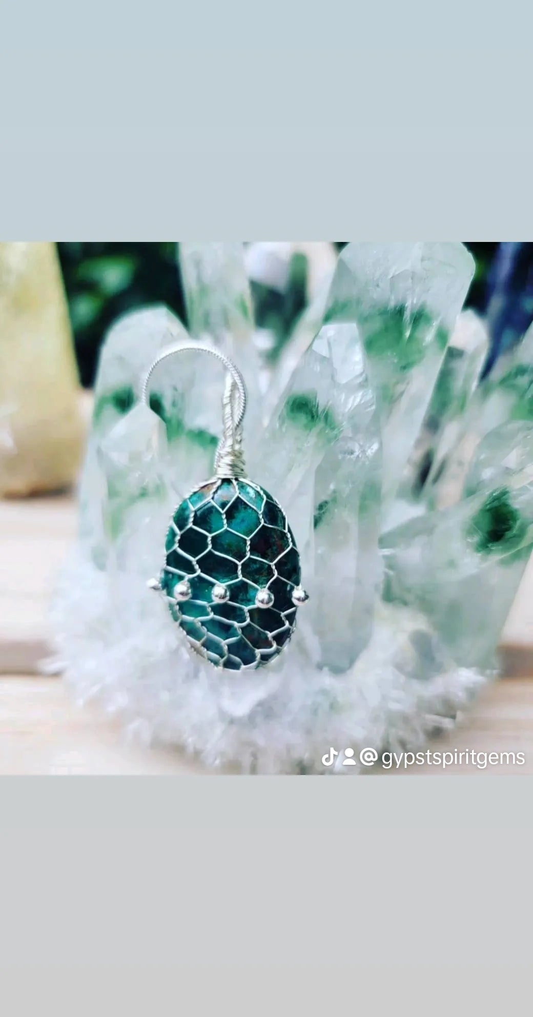 Genuine Stone Wire Wrapped Parrot Wing Chrysocolla Pendant with 20 inch Sterling Silver Chain