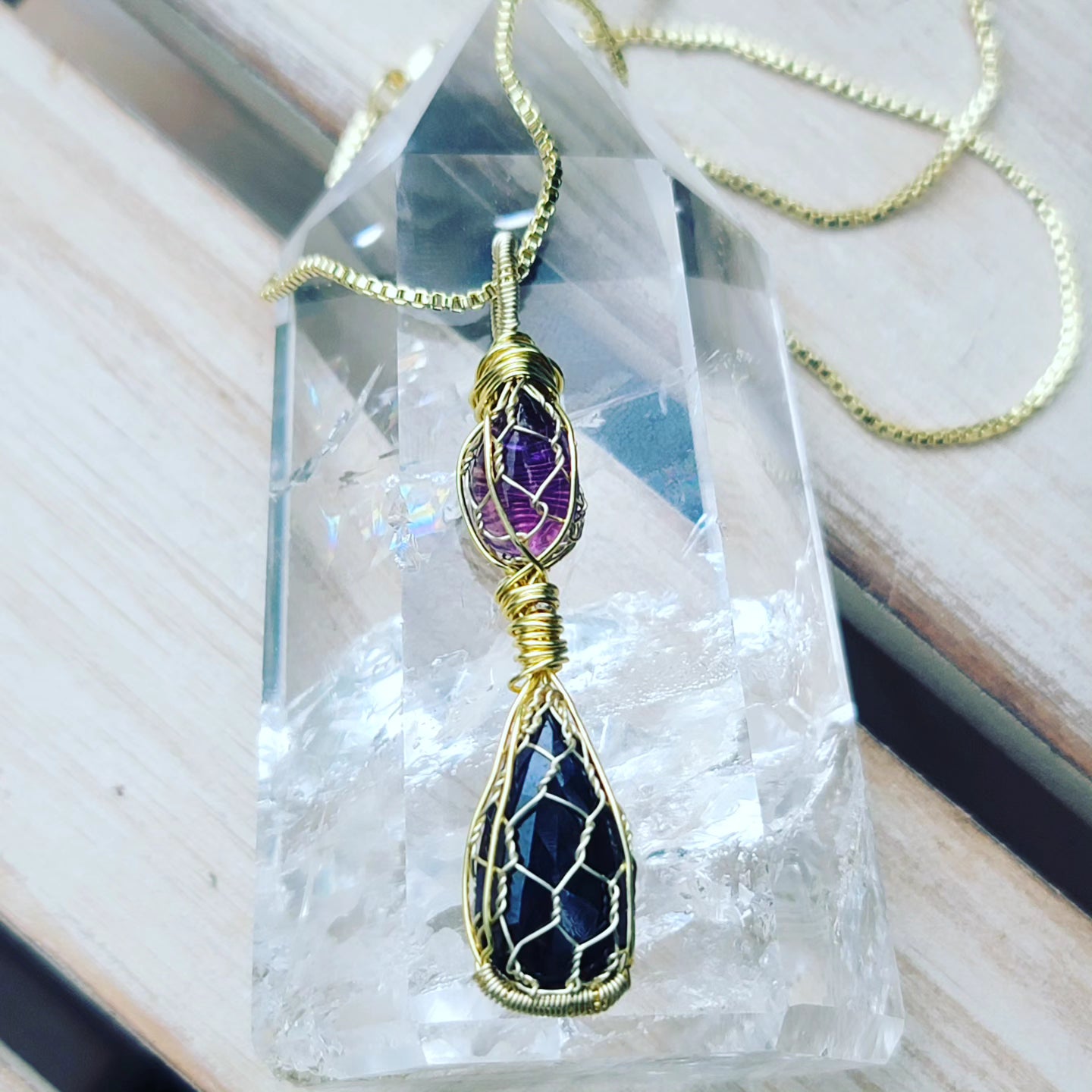 Genuine Stone Raw Polished Sapphire and Polished Amethyst Wire Wrapped Double Pendant with 18in 14k Gold Plated Chain