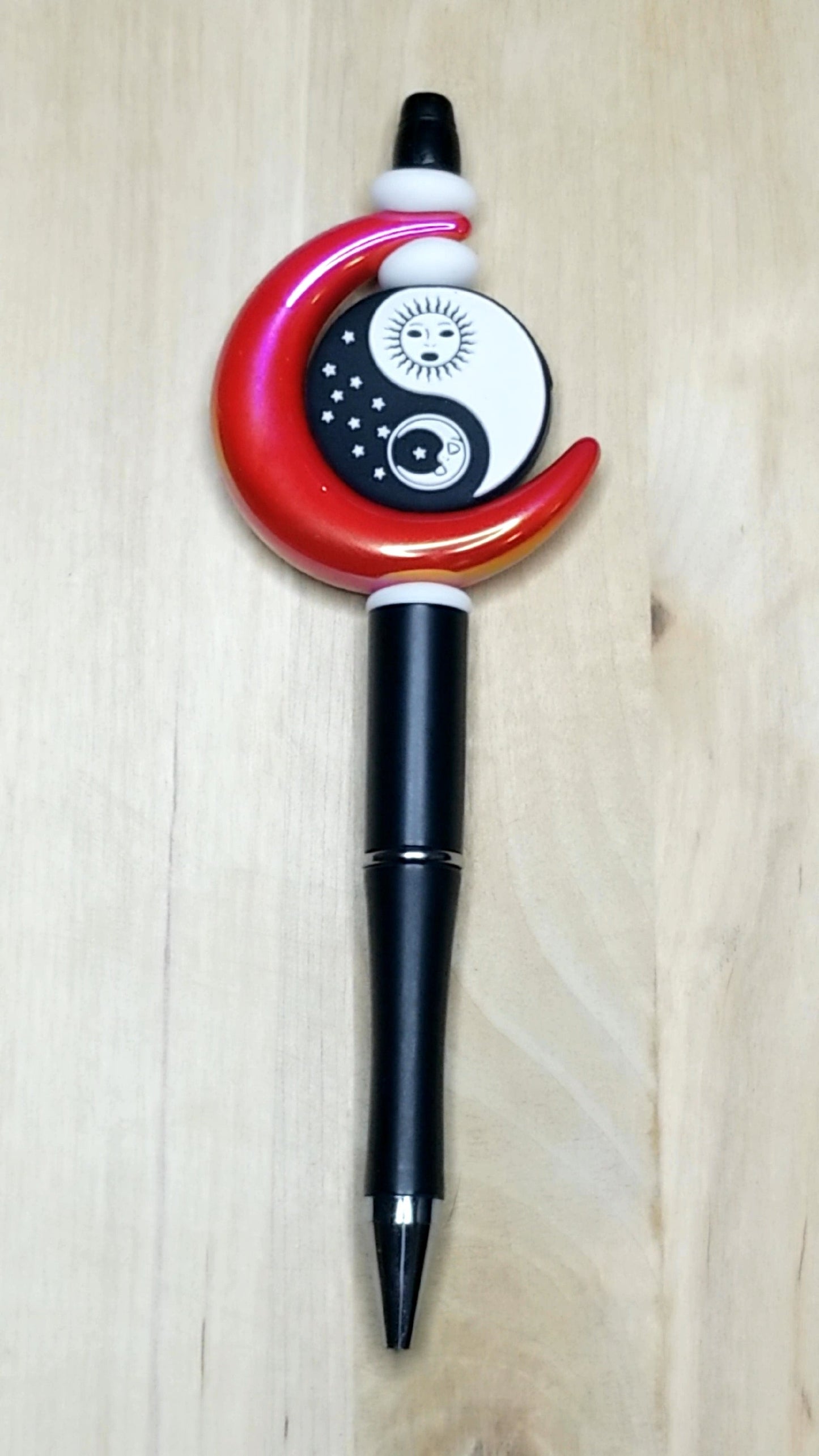 Silicone Beaded Pen With Acrylic Moon And Yin and Yang Focal Bed