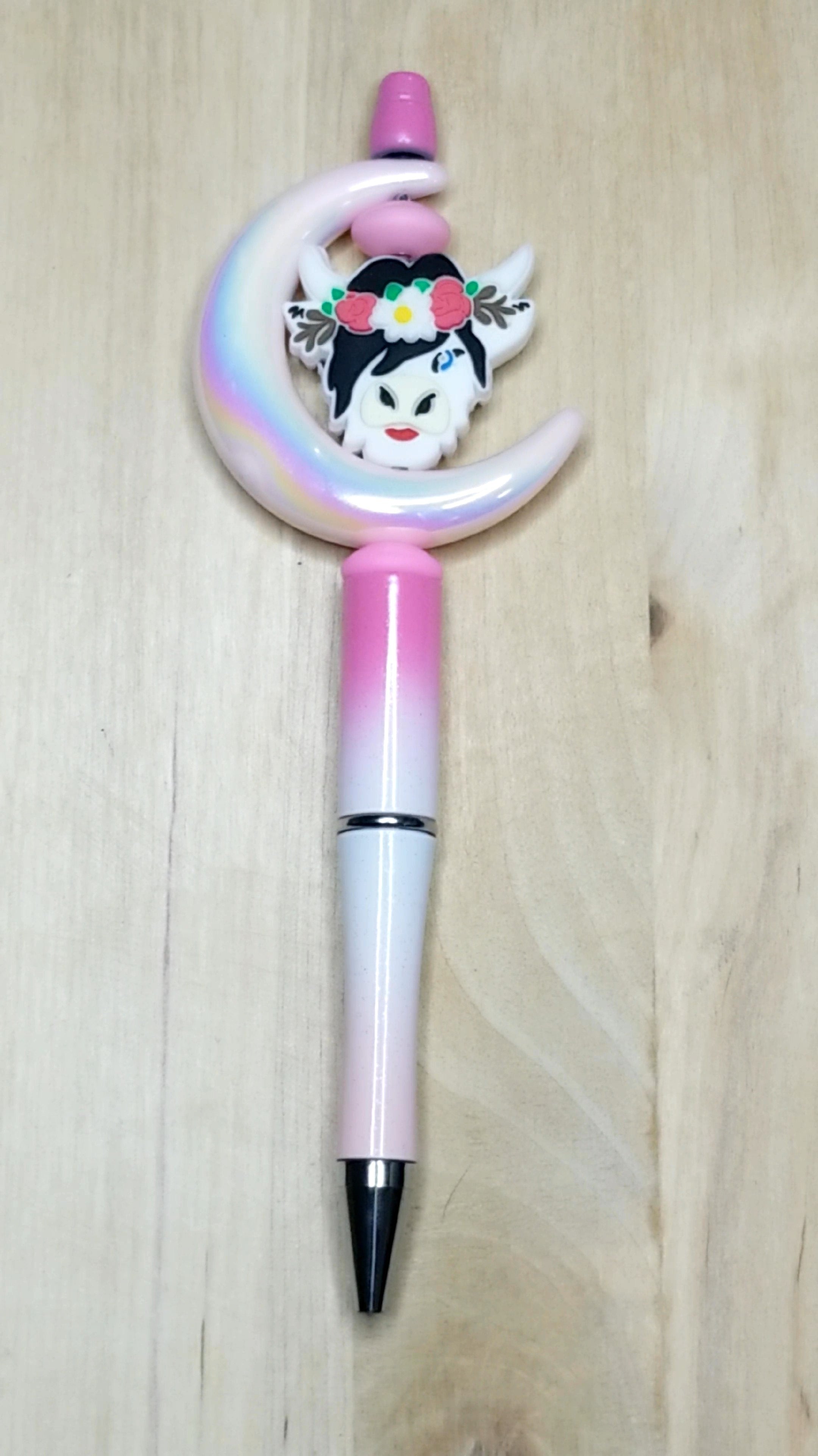 Silicone Cow Beaded Pen With Acrylic Moon