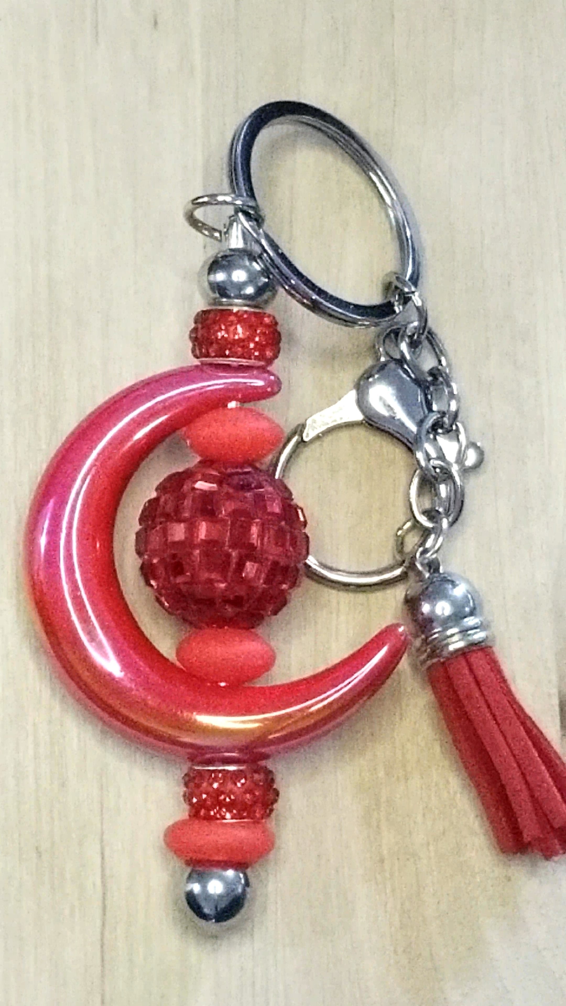 Silicone Beaded Keychain With Acrylic Moon and Rhinestone Disco Ball