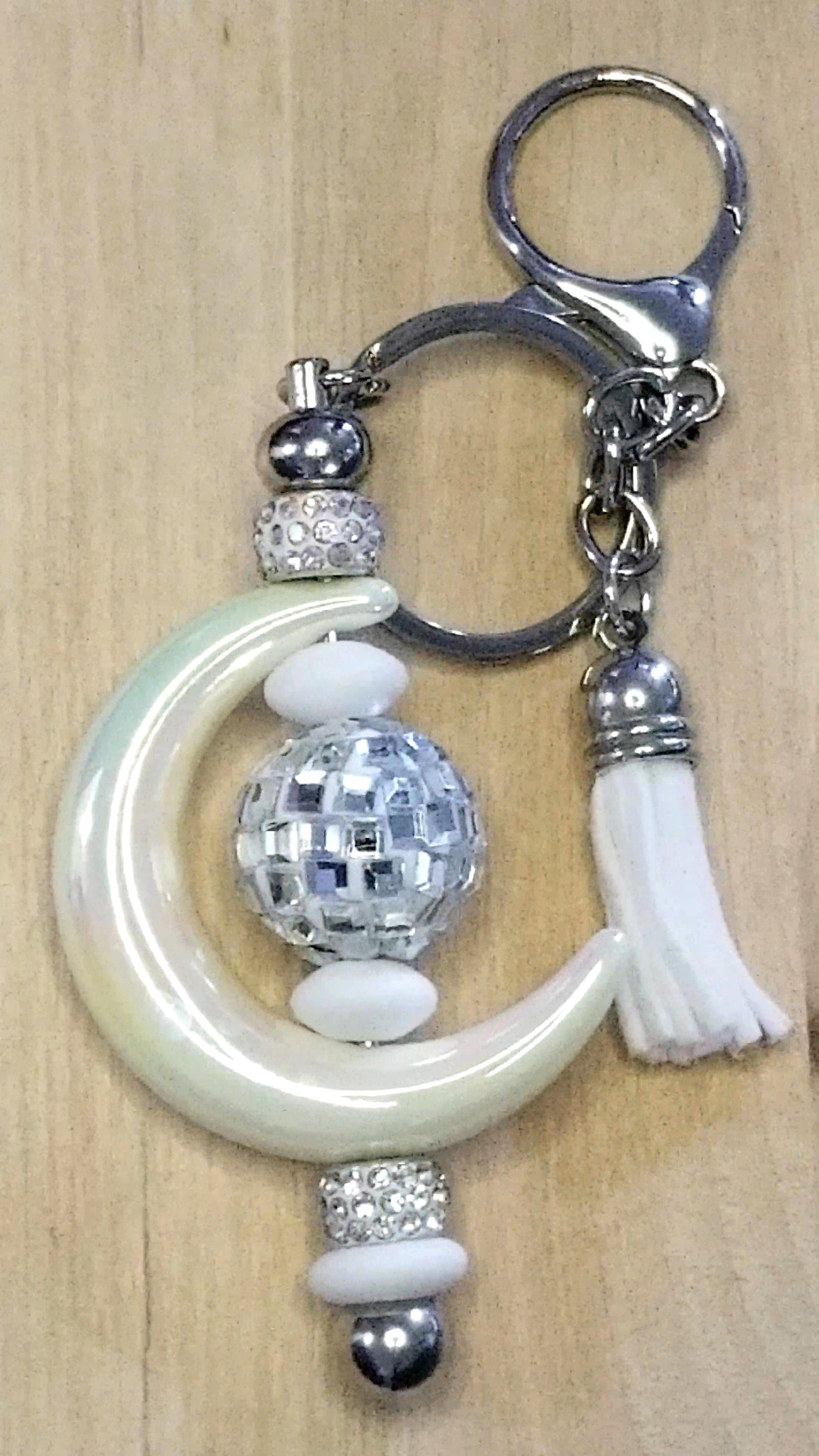 Silicone Beaded Keychain With Acrylic Moon and Rhinestone Disco Ball