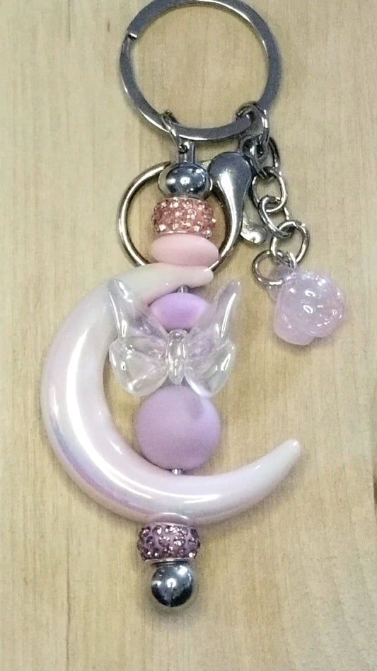 Silicone Beaded Keychain With Acrylic Moon, Rose, and Butterfly