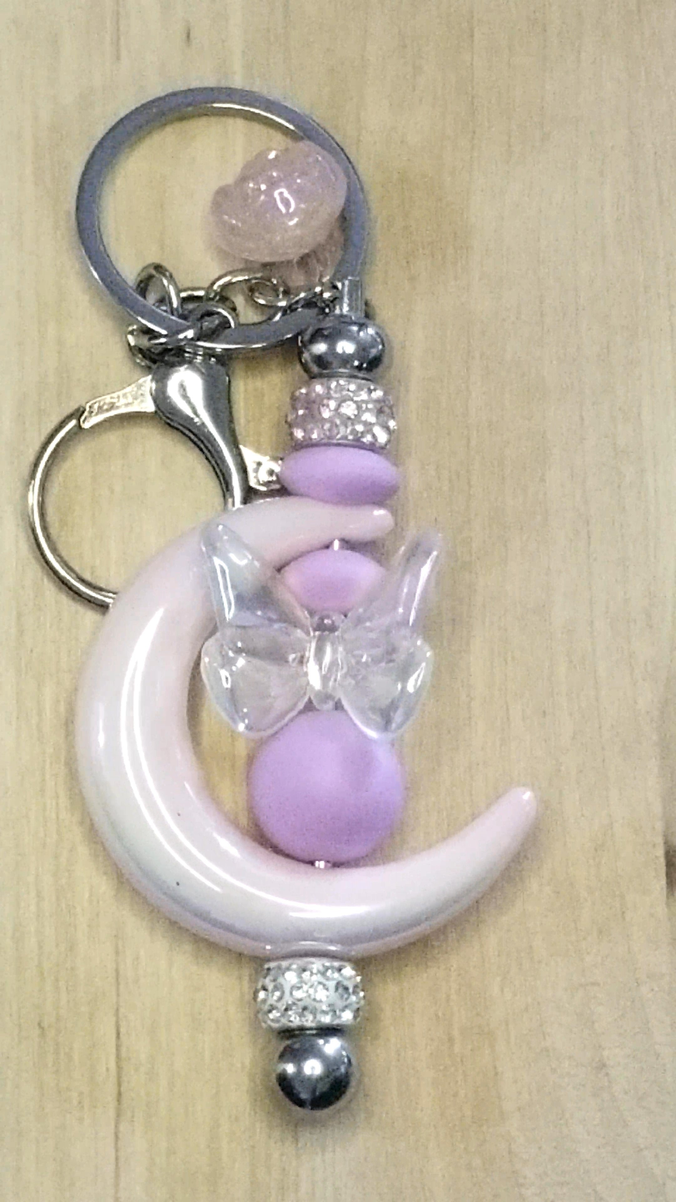 Silicone Beaded Keychain With Acrylic Moon, Rose, and Butterfly