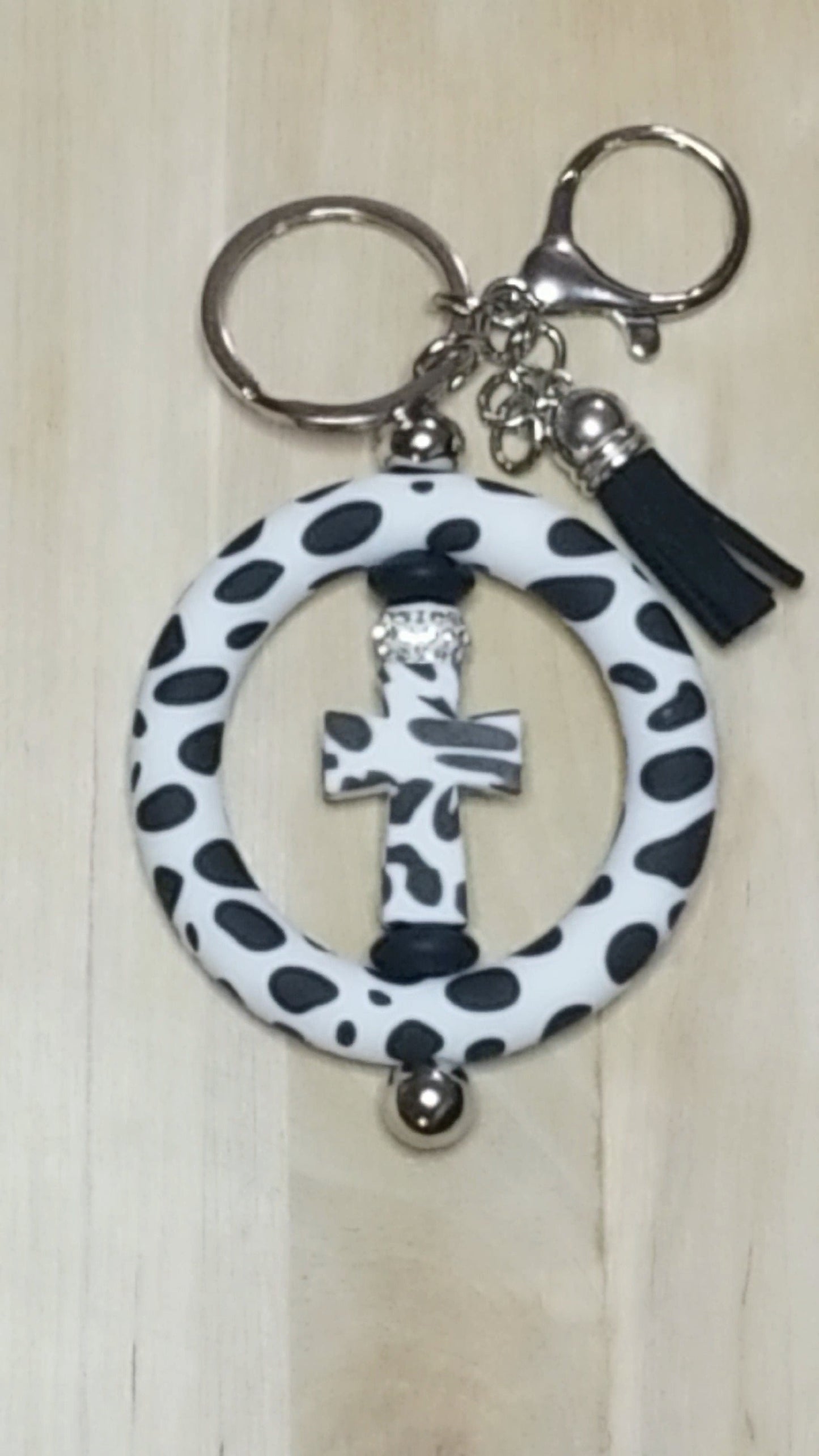 Cross Ring Shaped Silicone Beaded Keychain with Cow Print Cross